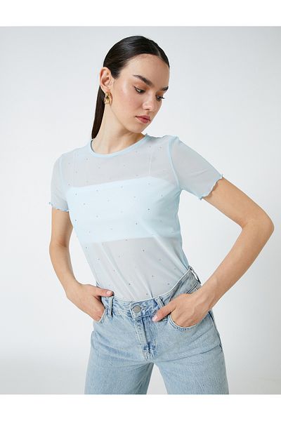 Koton Transparent T-Shirt Stone Detailed Short Sleeve