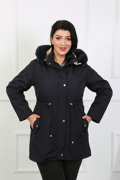 By Alba Collection Women's Navy Blue Water Repellent Bondit Fabric Detachable Hooded Plus Size Coat
