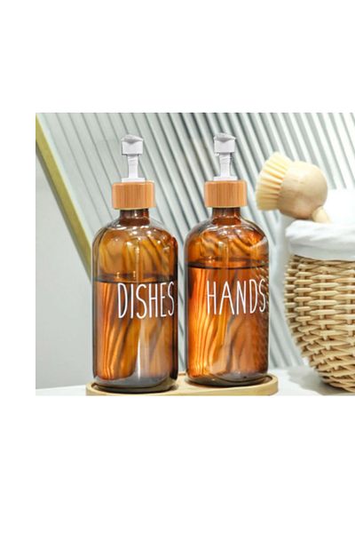 almital mobilya aksesuarları furniture accessories Set de 2 suporturi pentru săpun și detergent cu suport din bambus chihlimbar - 500 mlx, 2 buc.
