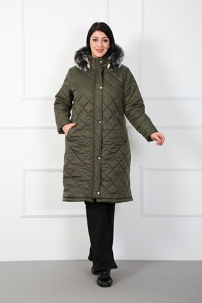 By Alba Collection Women's Khaki Baklava Pattern Puff Quilted Large Size Coat