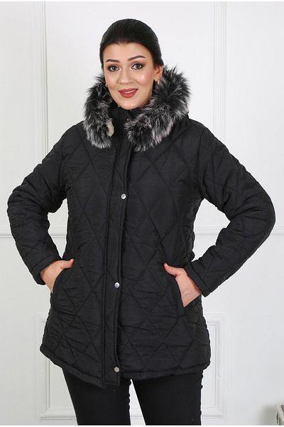 By Alba Collection Women's Black Crinkle Fabric Wool Inside Large Size Coat