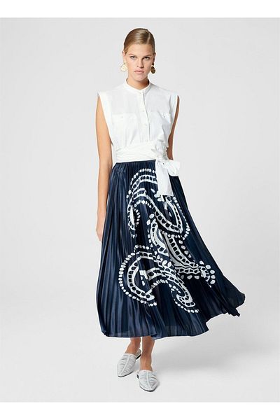 Escada Patterned Pleated Elastic Waist Midi Length Navy Blue Skirt