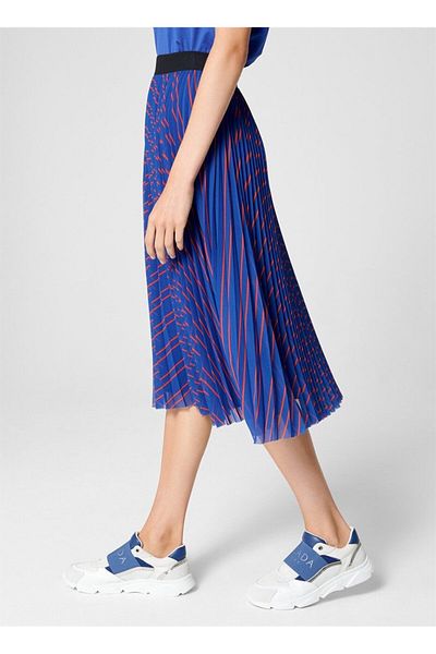 Escada Sport Elastic Waist Patterned Pleated Midi Length Navy Blue Skirt