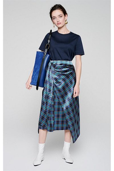 Escada Waist Tied Square Patterned Midi Length Petrol Silk Skirt
