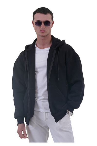 Exve Exclusive Μαύρο Basic Oversize Μαλακό Πλεκτό Φούτερ Ζακέτα με κουκούλα με φλις εσωτερικά και φερμουάρ 3 κλωστών