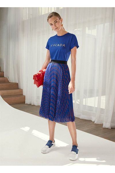 Escada Sport Elastic Waist Patterned Pleated Midi Length Navy Blue Skirt