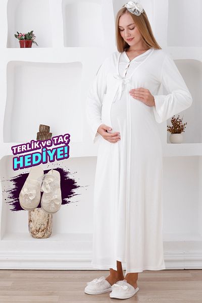 ERDENİZ TEKSTİL Set cămașă de noapte și rochie de maternitate cu mâneci lungi / dantelă la piept și nasturi / papuci și cadou coroană