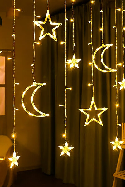 ALFAGİFT Gün Işığı Ay-yıldız Şekilli 8 Modlu Dekoratif Perde Led Işıklar Yıld...