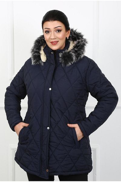 By Alba Collection Women's Navy Blue Crinkle Fabric Wool Inside Plus Size Coat