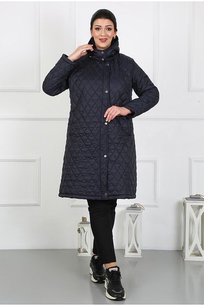By Alba Collection Women's Navy Blue Long Diamond Slice Quilted Large Size Coat