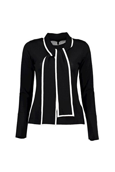 Escada Şerit Desenli Şal Yaka Siyah Yün Triko Kazak