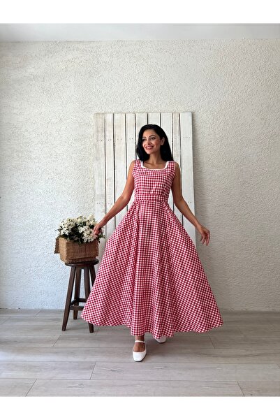 KÜÇÜĞÜM BUTİK Square Collar Long Red Gilet Dress - Gingham