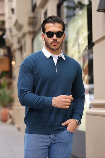 Valiberta Polo Collar Thessaloniki Knitted Fabric Men's Sweatshirt - Indigo