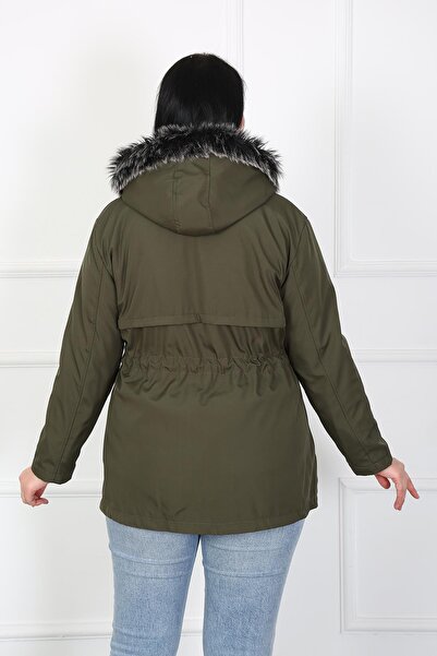 By Alba Collection Women's Khaki Zipper Detail Water Repellent Bondit Fabric Large Size Coat