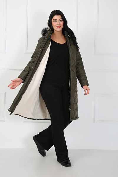 By Alba Collection Γυναικείο Μακρύ Χακί Καπιτονέ Μάλλινο Παλτό Plus Size