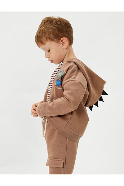 Koton Dinosaur Sweatshirt Hooded Applique Detailed Zippered Ribbon