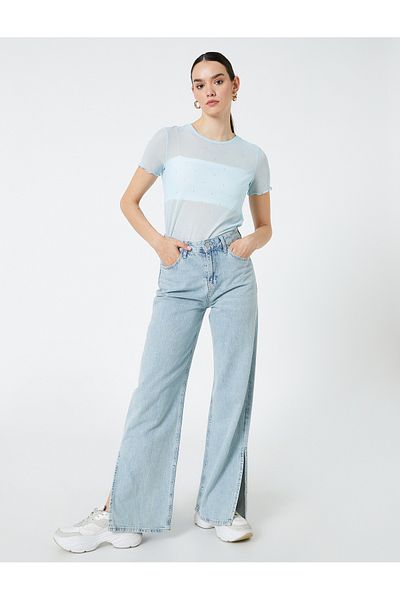 Koton Transparent T-Shirt Stone Detailed Short Sleeve