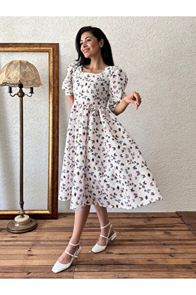 KÜÇÜĞÜM BUTİK Renkli Kelebek Desen Kare Yaka Kloş Gofre Elbise