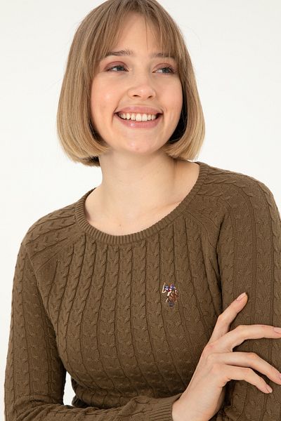 U.S. Polo Assn. Дамски пуловер с кръгло деколте в цвят каки, 50288981-VR027