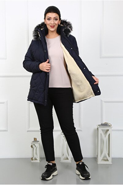 By Alba Collection Γυναικείο παλτό από ύφασμα Navy Blue Crinkle Inside Wool Plus Size