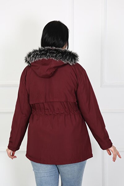 By Alba Collection Women's Burgundy Zipper Detail Water Repellent Bondit Fabric Large Size Coat