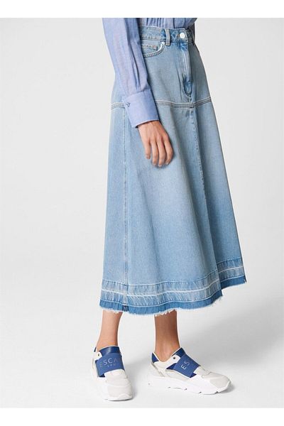 Escada Sport Antique Detailed Pocket Midi Length Blue Cotton Jean Skirt