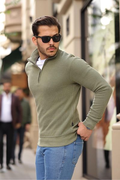Valiberta Thessaloniki Knitted Fabric Half Zipper Men's Sweatshirt - Khaki
