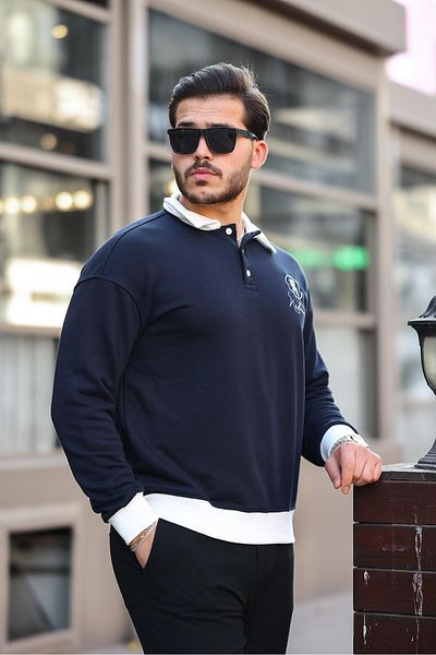 Valiberta Polo Neck Buttoned Embroidered Sweatshirt - Navy Blue