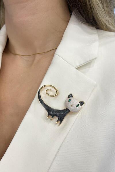 Modex Uzun Kuyruklu Mineli Kedi Broş