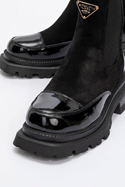 Dericlub Kadın Kalın Taban Chelsea Bot Gerçek Deri Rc 37506 Rugan Siyah