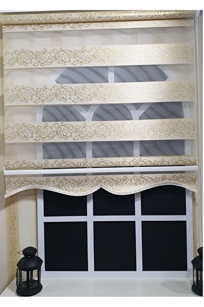 StorBurada Zebra Stor Perde Sarı Sarmaşık Desen Altın Simli Etek Dilimli STB9300 V 02