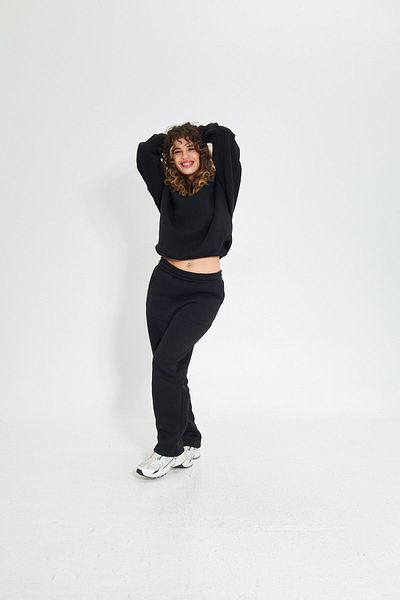 The Champ Clothing Дамски комплект анцуг с широки крачоли, черен и кръгло деколте, еластична талия и широки крачоли