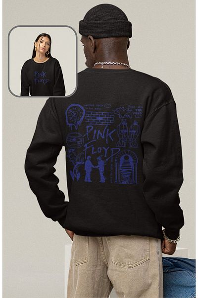 Fuddy Moda Unisex φούτερ χωρίς κουκούλα με στάμπα Pink Floyd, φούτερ με στάμπα ροκ μπάντας