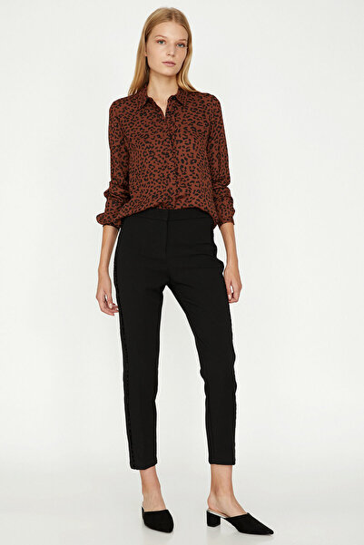 Saade Siyah Normal Bel Dar Kesim Yanları Biye Detaylı Dokuma Pantolon