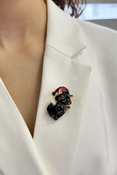 Modex Şapka Detaylı Kara Kedi Broş (Ölçü:4cm)