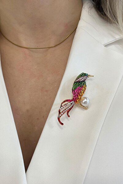 Modex Taşlı İnci Detaylı Cennet Papağanı Broş (Ölçü:5,5cm)