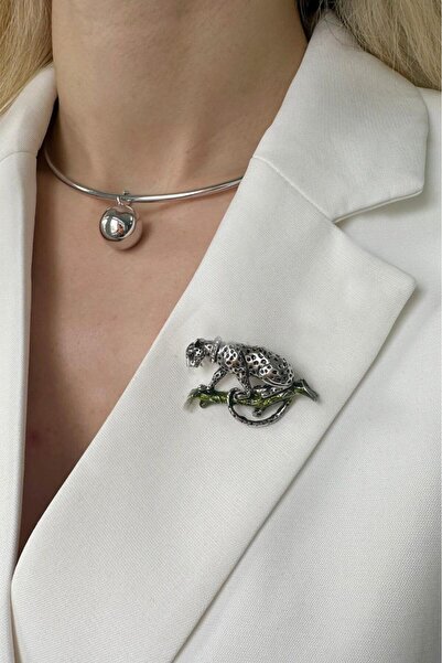 Modex Taş Detaylı Kaplan Broş (en:4 Cm Boy:2 Cm)