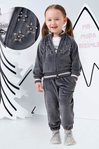 MB-MODA BİZİMLE Girl's Striped Velvet Tracksuit Set