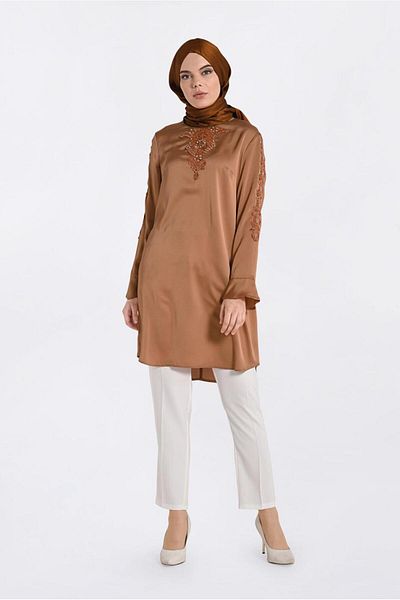 TRENDTESETTÜR Women's Brown (HONEY FOAM) Embroidered Tunic 4301