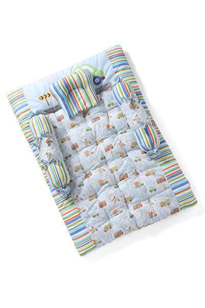 Babyhug Babyhug Cotton Foldable Crib Bedding Set, Transport Theme, 0-24m, 4pc Set with Mattress & Bolsters