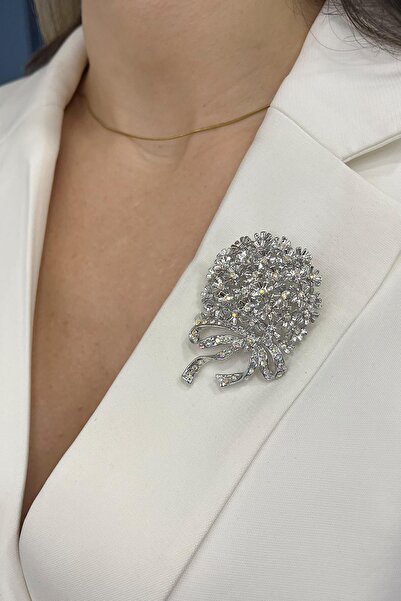 Modex Gümüş Rengi Taşlı Buket Broş (6cm)