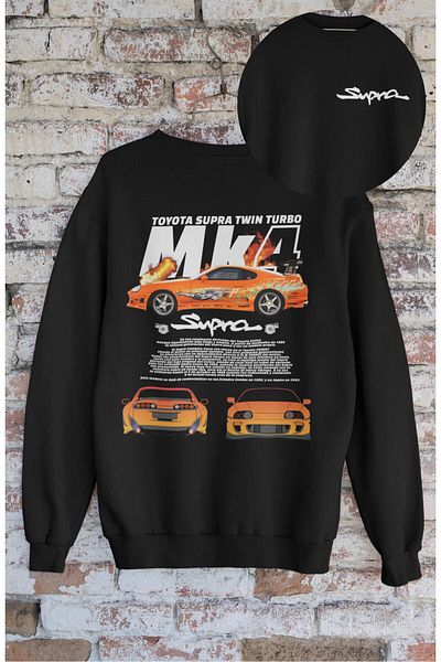 Fuddy Moda Унисекс суитшърт без качулка с щампа на гърба Supra MK4, голям суитшърт с щампа на състезателна кола