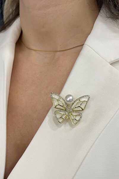 Modex İnci Detaylı Sedefli Kelebek Broş (En:4 cm Boy:3 cm)