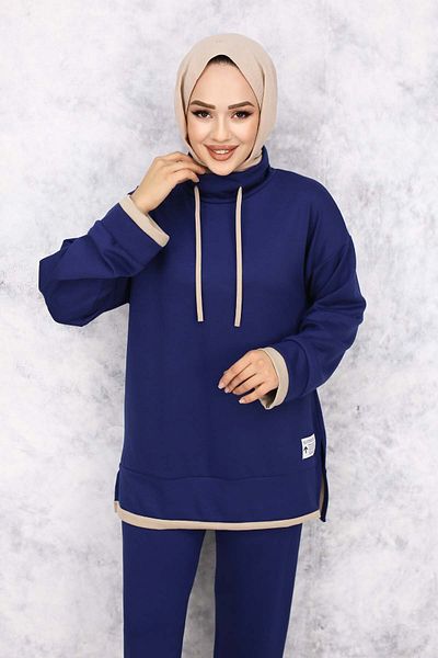 benguen Navy Blue Double Suit with Crest Detail and Collar 4581