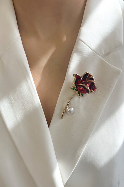 Modex İnci Detaylı Mineli Gül Broş (Ölçü:6cm)
