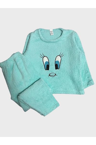 ALİŞ KİDS Girls' Water Green Tweety Eye Pattern Long Sleeve Winter Fleece Pajamas Set
