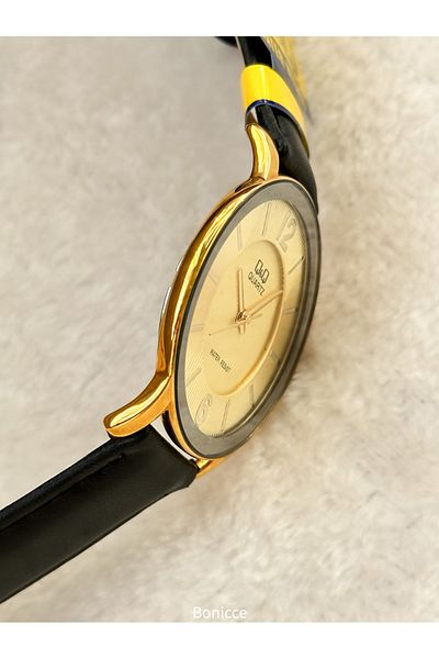 Q&Q Brand Black Color Leather Band, Waterproof Yellow Case Men Wrist Watch Bracelet