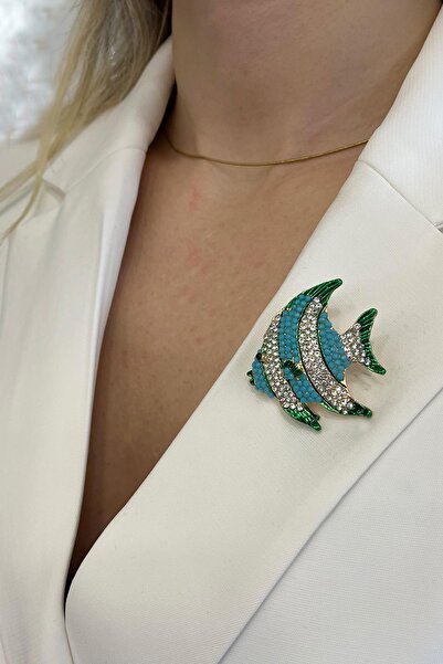 Modex Çok Taşlı Renkli Balık Broş (En:4cm Boy:4 cm)