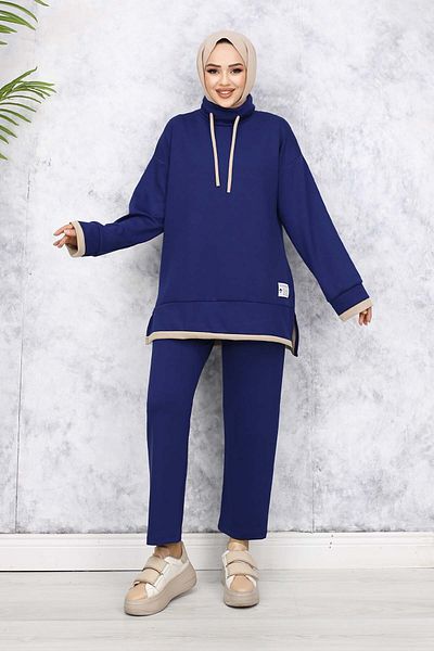 benguen Navy Blue Double Suit with Crest Detail and Collar 4581