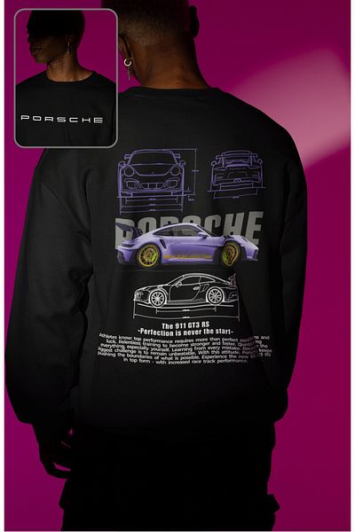 Fuddy Moda Unisex Porsche Back Printed Hoodless Sweatshirt, Oversize Car Themed Sweatshirt